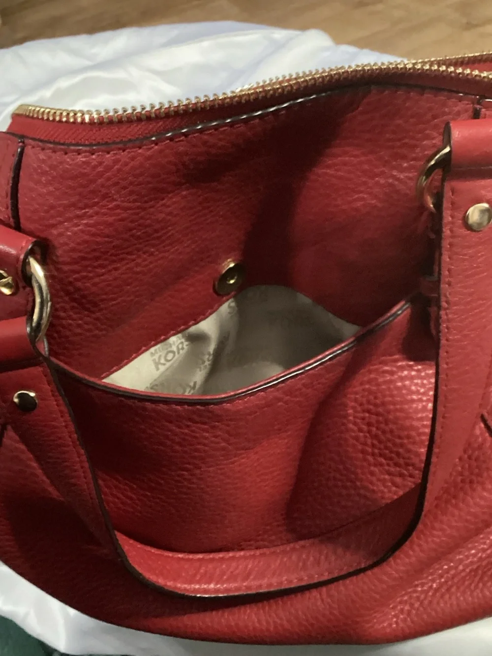 Michael Kors Red Pebbled Leather Shoulder Bag & Wallet/Makeup with Gold Hardware